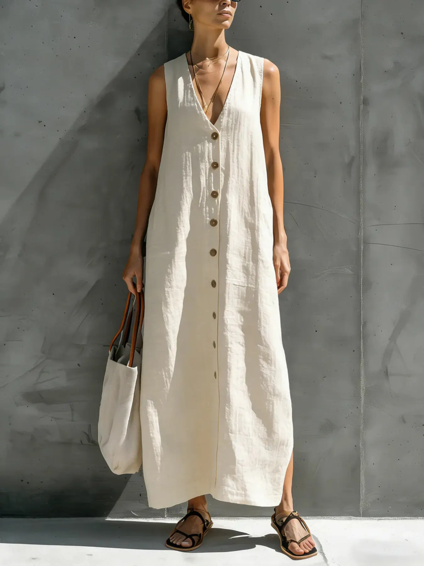 Full Size Sleeveless V-Neck Button-Down Linen Maxi Dress Plus Size