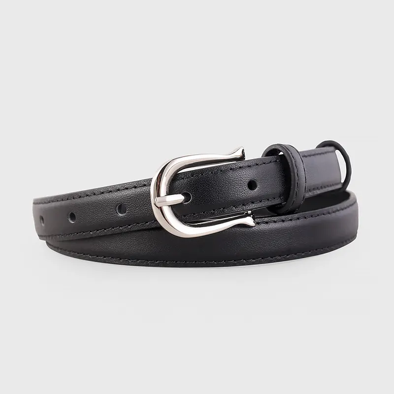 Leather Skinny Belt with Silver Buckle