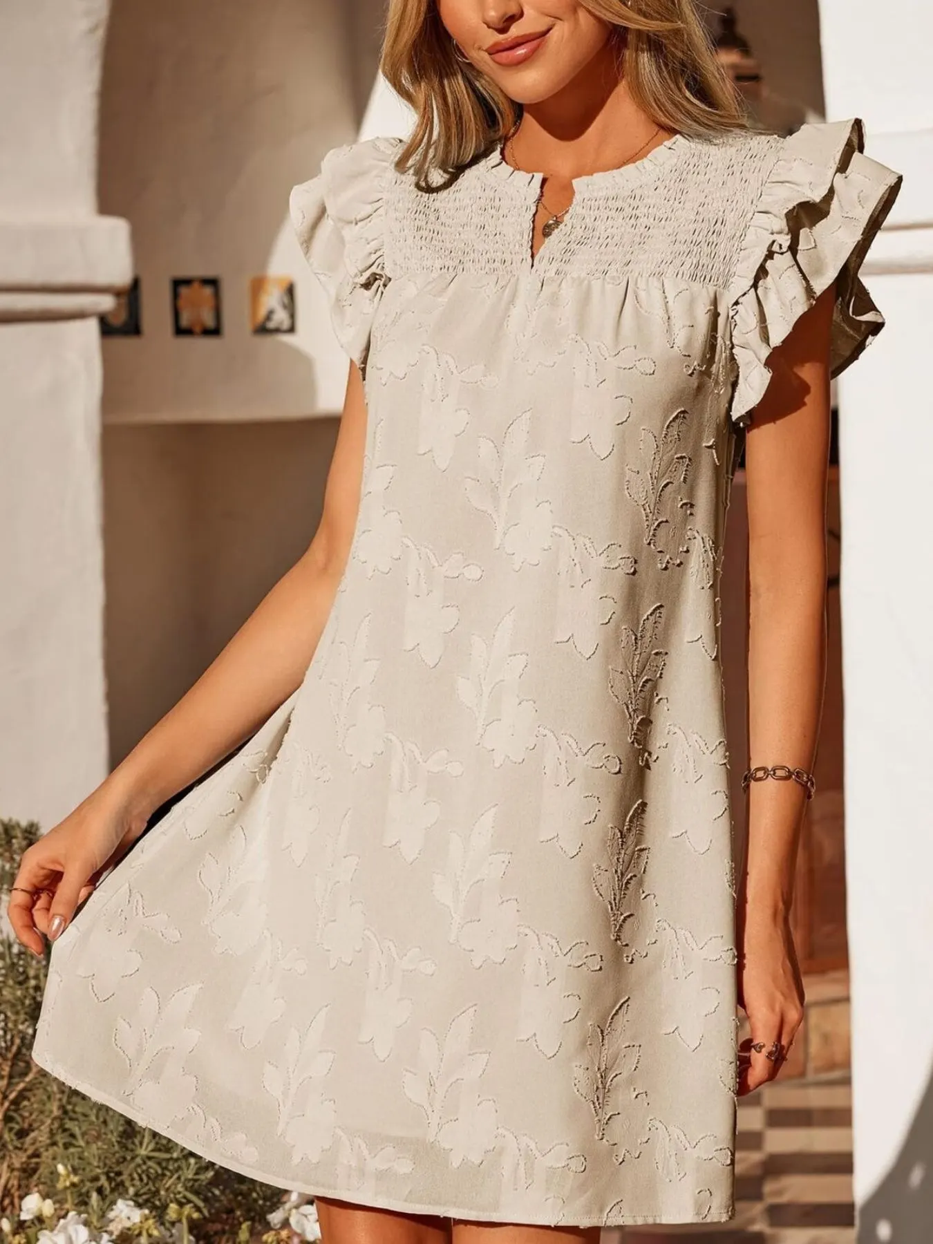 Floral Embossed Ruffle Sleeve Mini Dress